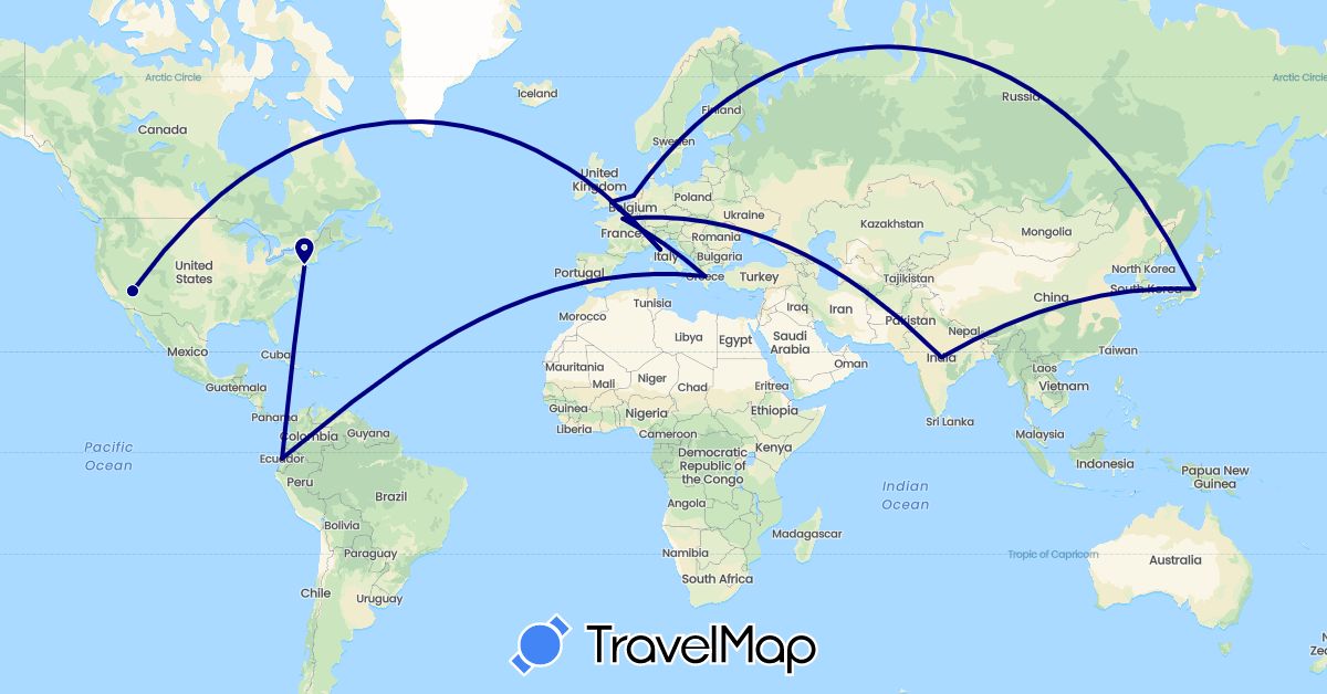 TravelMap itinerary: driving in Ecuador, France, United Kingdom, Greece, India, Italy, Japan, Netherlands, United States (Asia, Europe, North America, South America)